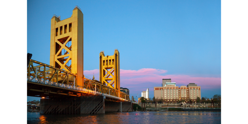 Angled view of the Golden Gates Drawbridge in Sacramento