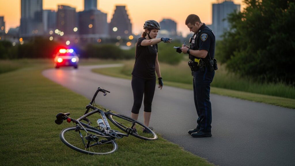 Cyclist reporting a car to a police man with the Austin skyline in the background