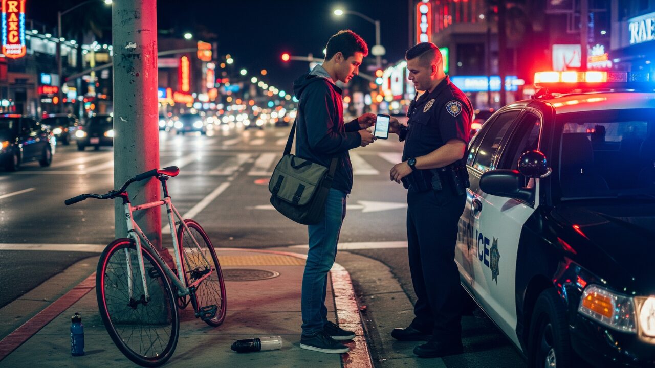 Cyclist talking to a police man on a busy street at night