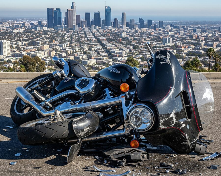 cruiser motorcycle crashed with LA city in the background